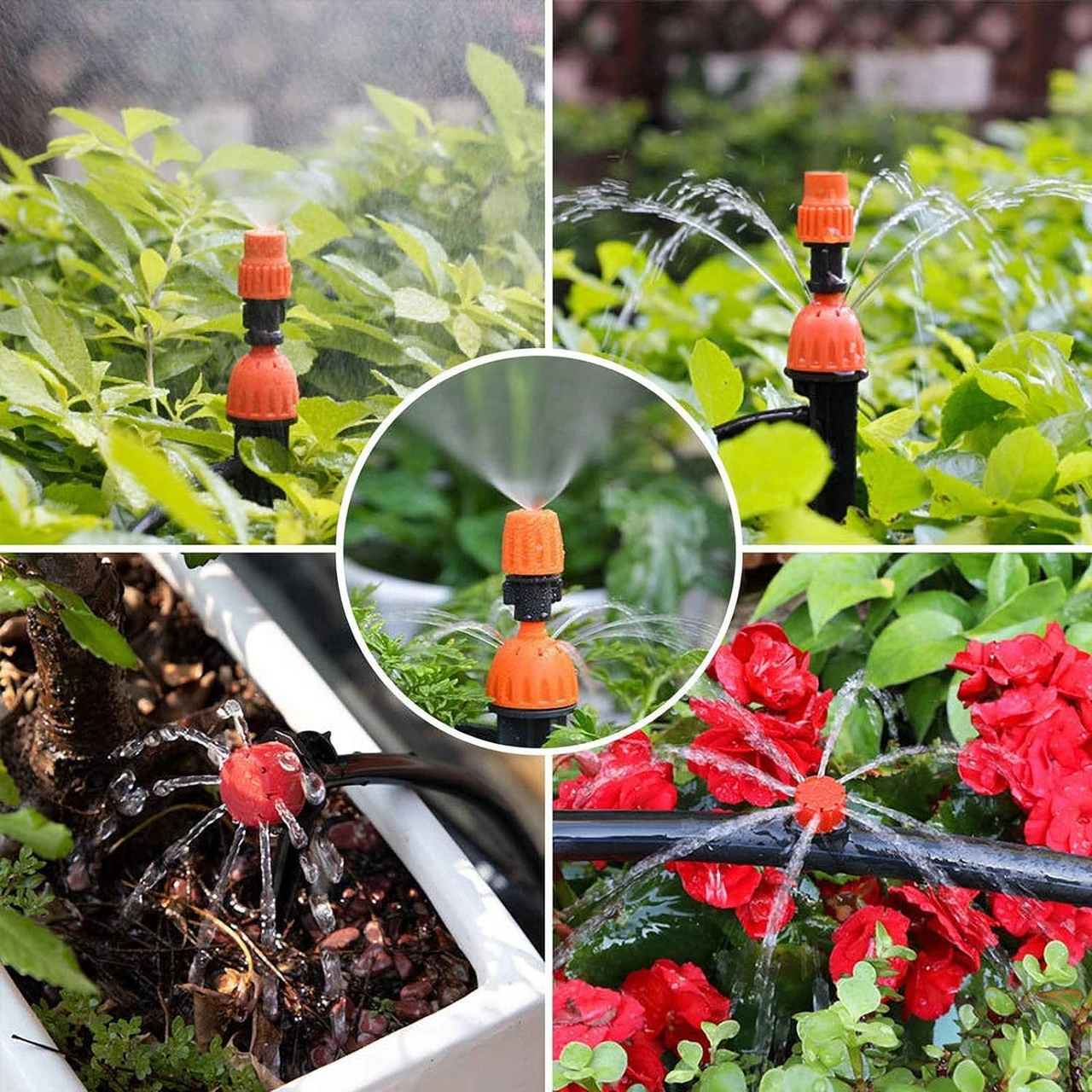 Verschiedene Bewässerungssysteme für den Garten, darunter Tropfbewässerung und Sprinkleranlagen, die Wasser direkt an die Pflanzenwurzeln liefern. Ideal für Gemüsegarten und Bauerngarten.