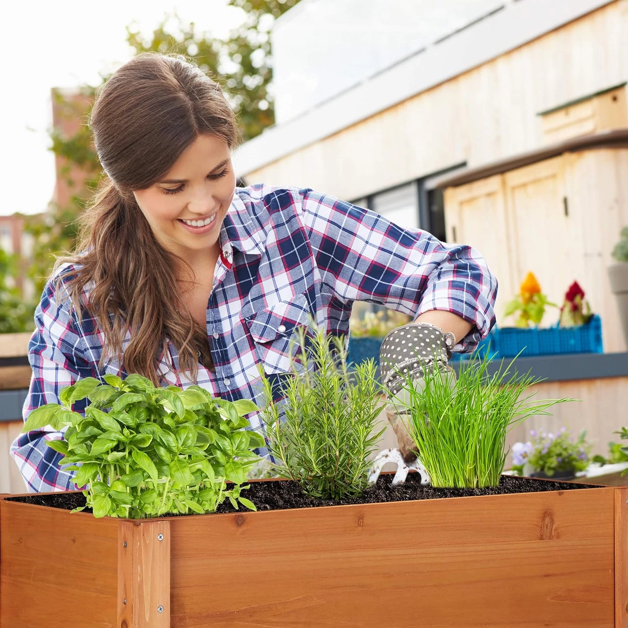 Eine Frau pflanzt Kräuter in einem Hochbeet in einem Gemüsegarten. Hochbeete sind ideal für bauerngärten, da sie Platz sparen und die Pflege erleichtern.