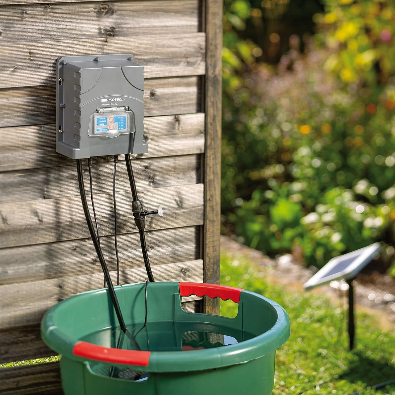 Automatisches Bewässerungssystem im Garten, das an einem Holzzaun montiert ist und eine grüne Wanne mit Wasser versorgt. Ideal für Sonnenblumen pflanzen, Blumen garten und Blumen pflanzen.