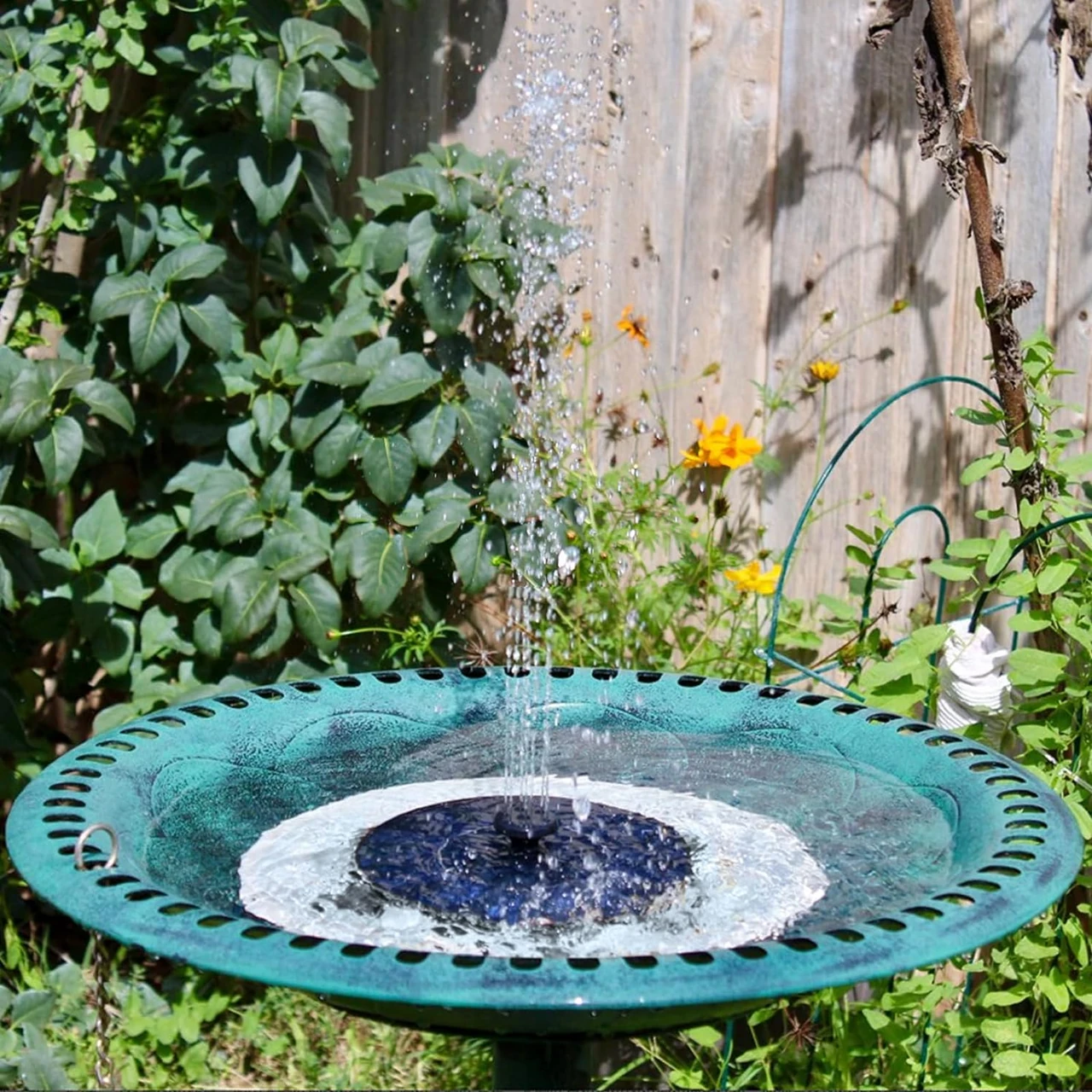 Ein Solarbrunnen im Garten, der Wasser in die Luft sprüht, umgeben von Pflanzen. Ideal für umweltfreundliche Gartenbeleuchtung und Dekoration. solarleuchten garten obi, solarleuchten garten aldi 2022, solarbrunnen obi, solarleuchten garten lidl